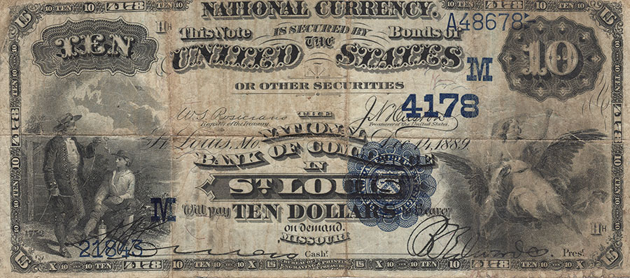 Image of a $10 note front of the bill issued by the National Bank of Commerce in St. Louis, 1889.