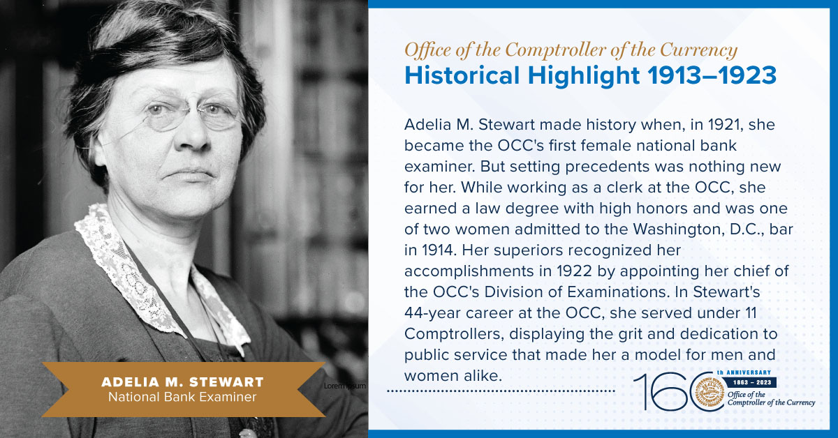 Photo of Adelia M. Stewart who made history in 1921 when she became OCC's first female national bank examiner.