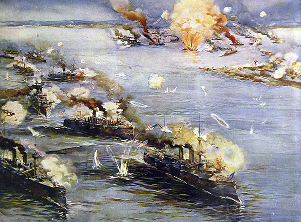 Battle of Manila Bay, May 1, 1898. Manila, Philippines, is visible in the top center, and the decimated Spanish fleet is in the upper right. The McCulloch is depicted in the far upper left.