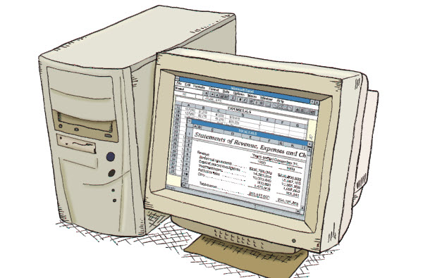 An illustration of a computer and spreadsheet from the 1990s. An illustration of a computer and spreadsheet from the 1990s.