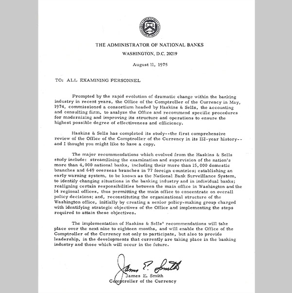 Image of Letter from Comptroller James E. Smith to examiners on the Haskins & Sells study conducted in 1974.