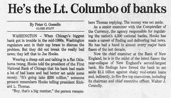 An article highlighting Joe Hooks from The Boston Globe on February 21, 1990.