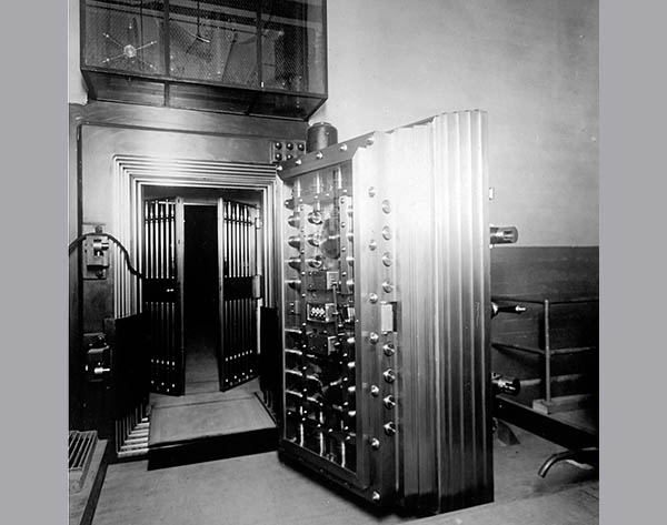 Steel door to vault containing paper for banknotes and U.S. bonds weighed 12 tons.
